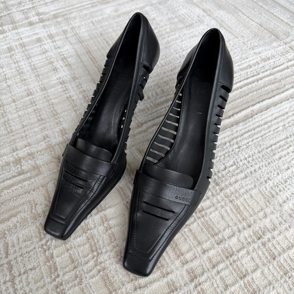 Gucci Shoes - Gucci Black Leather Laser Cut Square Toe